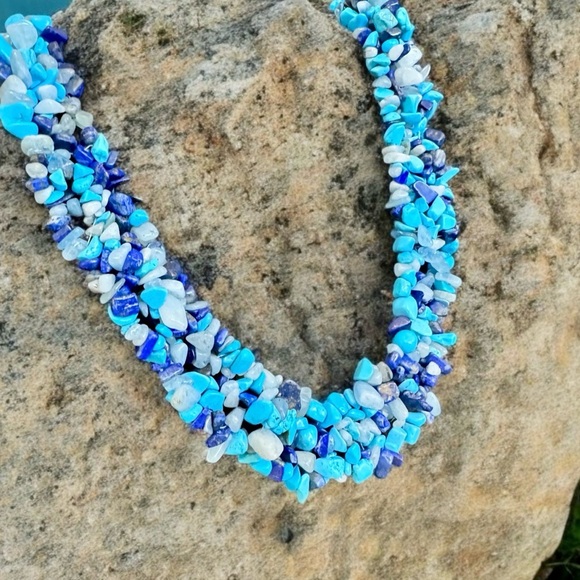 Turquoise Quartz & Lapis Lazuli Chip Necklace Sterling Silver - Picture 3 of 7